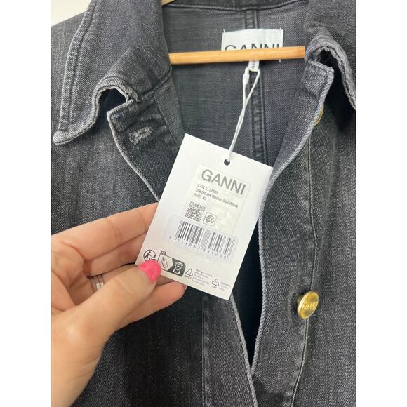 NWT Ganni Short Sleeves Collared Denim Washed Black Mini Dress Size: 10 - Picture 6 of 9